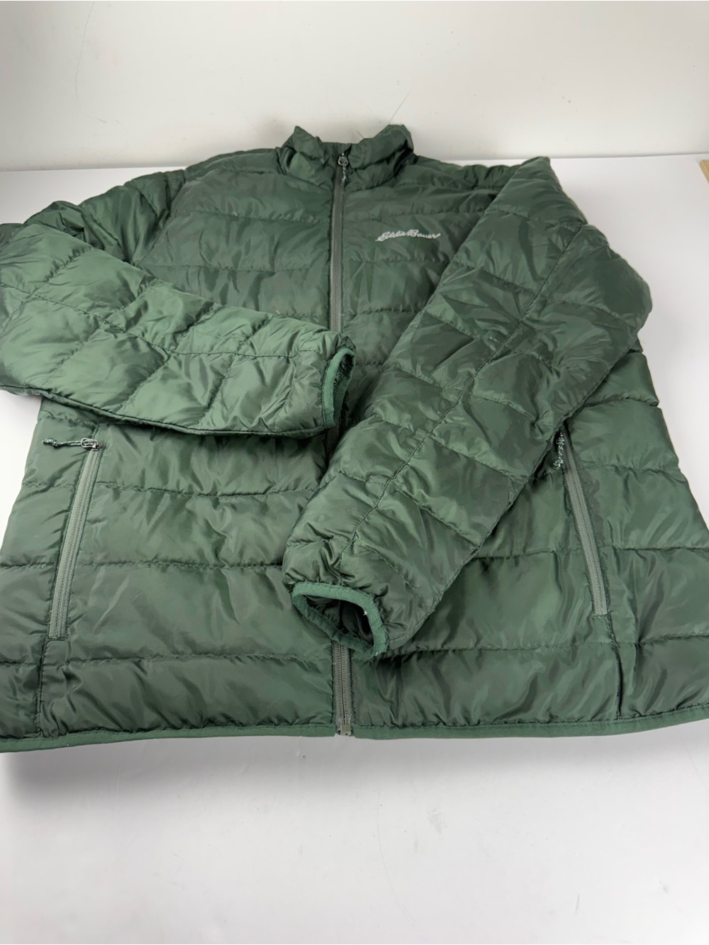 Eddie Bauer Mens Large Down Puffer Jacket Green Hooded 650 Fill EB650 Zip Coat - Picture 2 of 8